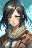Placeholder: shingeki no kyojin panel anime,mujer de piel blanca,con ojos cafes claros con tonos azules,de cabello color negro y con dos coletas a los lados