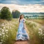 Placeholder: fullbody girl makeup wearing a victorian dress walking in country side ,flowers ,pretty clouds in blue sky