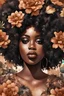Placeholder: Create an watercolor image of a curvy black female wearing a brown off the shoudler blouse and she is looking down with Prominent makeup. Highly detailed tightly curly black afro. Background of large brown and black flowers surrounding her