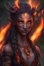Placeholder: Fire Eladrin druid female. Hair is long and bright black part glows. Part of hair is braided and fire comes out from it. Big bright red eyes. Is generating fire with hands. Skin color is dark. Has a big deep scar on face