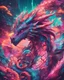 Placeholder: Close up shot, Dragon in a vibrant synthwave dreamscape, neon chaos swirling energetically around pixelated forms, a dynamic fusion of retro gaming nostalgia and futuristic abstraction