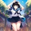 Placeholder: Clear focus,High resolution, Black short fluffy hair, and blue eyes, wearing a sailor uiform, smiling, jumping, hands in air, short skirt