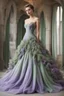 Placeholder: Stunning utopian ballroom gown with lavender and sage green. Hyper realistic standing model