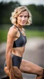 Placeholder: anorexic beautiful girl, age 21, total shot, short anthracite triathlon swimsuit, blonde wavy bob haircut, blurred background