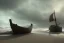 Placeholder: Broken viking longboat shipwrecked at a beachside, fantasy, mystical, lightshafts, storm in the distance, silhouettes coming from the boat