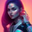 Placeholder: Cute indian girl face , Sci-fi character, orange backlight, pink and purple, scifi suit, profile, purple background, pink lighting