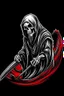 Placeholder: hooded Grim-Reaper gripping scythe, vignette, black and white graphic novel style with a red outline, and black background,