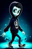 Placeholder: a cute animation boy, skateboarding , trendy hoody, 8 k, tim Burton skeleton style from the movie "night before Xmas", realistic animation, gothic