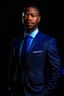 Placeholder: full length handsome 40 year old brown skinned african american man in black formal wear with a royal blue tie with black background