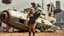 Placeholder: A 60-year-old woman with blond hair, a brown shirt, shorts, and boots, holding an armful of complex equipment, standing in front of a grounded cargo spaceship, with a ruined city in the background.
