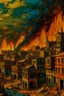 Placeholder: A close-up view of a burning arabic city and destroyed buildings in the colors of Van Gogh's paintings