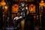 Placeholder: a skinny Cleopatra, with a bob hairstyle, in black boots, standing next to a black gothic seat, in a steampunk setting.