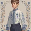 Placeholder: a beautiful boy looking left, wears a smart shirt which is embroidered with blue flowers and ornaments