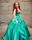 Placeholder: Magic princess with long auburn hair green eyes wearing a big teal green and gold satin ballgown corset off shoulder top casting magic