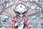 Placeholder: pen outline and spray paint portrait of furry smart and cute liquid alien thief man in front of Intergalactic city market in jungle branches with furry robots, and transparent squids. In the style of Escher