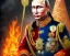 Placeholder: Russia president Vladimir Putin devil fangs and Moscow in fire with roket