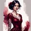 Placeholder: watercolor beautiful young woman in a burgundy dress with lace with a ruby ring in a burgundy dress, on a white background, sleeve with lace, black hair, tattoos, well-drawn eyes, five fingers on the hand, Trending on Artstation, {creative commons}, fanart, AIart, {Woolitize}, by Charlie Bowater, Illustration, Color Grading, Filmic, Nikon D750, Brenizer Method, Side-View, Perspective, Depth of Field, Field of View, F/2.8, Lens Flare, Tonal Colors, 8K, Full-HD, ProPhoto RGB, Perfectionism, Rim Li