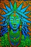 Placeholder: Blue marijuana bud Shiva religious mural with green and orange background made of pieces of marijuana bud with sparkly thc sap and crystalline bud hairs.