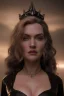 Placeholder: Kate Winslet as evil queen in black leather gown, cleavage, angry, stern look unreal 5, octane render,cinema4d, dynamic lighting, dramatic lighting, 4k, redshift render, highly detailed, hyper realistic