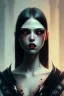 Placeholder: Vampire girl, cute, beautiful, white eyes, red lips, black hair with bangs, goth, close up portrait by Greg Rutkowski