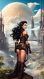 Placeholder: exotic sci-fi steampunk pin-up girl, with long dark hair, on an sci-fi planet with cloud trees, tall spires, buildings, bridges, arches