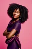 Placeholder: A portrait of a beautiful black woman, with long black curly hair, purple eyes, wearing a red scarf, black dress, standing in field