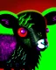 Placeholder: Comic book art style black lamb with red eyes, contrasting green meadow, cartoonist, digital portrait, dark fantasy, black iridescent skin, holographic, shiny, PVC texture, wet look, anime, gothic