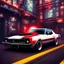 Placeholder: spray paint art, long shiny flat red and white muscle car in motion, two men in suits with big machine guns and great style,bullets flying, evening, seen from balcony, dirty city alley, heist action, book cover