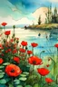 Placeholder: Spring day by the lake,poppies. Jean-Baptiste Monge style, watercolor, ink. Picturesque and colorful. Bright colors of a bullring