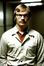 Placeholder: Jeffrey Dahmer with prison uniform in jail unhappy