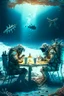 Placeholder: 2 divers in full gear sitting at a round table having tea, the table is on the bottom of the dried out ocean, no water, around them are shattered dead fish, dead starfish, ship reck, 8 k realistic