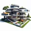 Placeholder: 3D modern futuristic houses in cartoon Pixar style on white background, png, high resolution, highly detailed texture. By drone