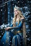 Placeholder: Elven princess,elven crown,long blonde golden hair,rapunzel hair,ice flowers,beautiful,light blue,dark blue,golden armor,sparkle,glitter,ice flowers,snow,elven ears,dark fairy princess