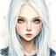 Placeholder: A young woman with long white hair, silver eyes, long eyelashes, very pale complexion, very shy, watercolor splotchy background