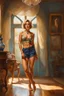 Placeholder: full length low angle airbrush portrait of young barefoot woman standing legs apart, wearing crop top and silk shorts with blond hair in pixie haircut, tan complexion, and wireframe glasses, sapphire pendant, confident expression, by pino daeni bare feet resting on hardwood floor, in opulent parlor with antiques, relief hangings, and a crystal decanter, perfect toes, pedicure