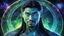 Placeholder: beautiful gorgeous young man na'vi with long hair, Avatar, blue skin, two small ears, green eyes, black hair, in cosmic suit, galactic ambiance, medium pointy goatee , smiling, nebulas and sacred geometry light figures on the backgroud,