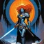 Placeholder: Heavy metal 1970s pulp illustration, psychedelic art by Philippe Druillet and Moebius. A fierce, glowing Iron Maiden warrior queen with molten-copper hair and intricate carved metal armor walks confidently through a mind-bending, infinite obsidian and crystal maze. She holds a giant glowing rune-engraved broadsword. She is not lost, her face is calm and commanding. Swirling bioluminescent fog in electric blue, neon purple, and acid yellow. Cosmic fractal vortex sky with exploding nebulas. Dynami