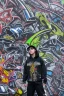 Placeholder: the coolest rapper ever with hoody and trendy clothes. graffiti wall in background are full of nft images and crypto currency symbols