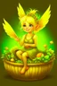 Placeholder: Fantasy art: A small, cute, cheerful fairy with golden hair, sitting in a small basket. The basket is actually an earring on the ear of a big giant.