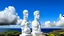 Placeholder: A white island in the sky designed in Hawaiian tiki statues painted by Pablo Picasso