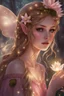 Placeholder: Blonde hair ,Pink dress,Sparkling fairy wings,Very long golden hair,Fairy crown,pointed ears,elven ears,fairy wings,water lilies,sparkling,glittering,flowers,blossoms,golden crown,light pink dress