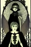 Placeholder: 7 year old boy, necromancer, friendly, looks dead,with a long lamprey emerging from his belly , wearing black robes, in the style of Harry Clarke