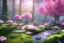 Placeholder: Paysage forêt maison dans les grands arbres avec champignons roses et une rivière bordée de grandes fleurs roses lumiere volumetrique unity engine