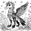Placeholder: Make black and white cute drawing of a hippogriff with black bold lines. Only outline, no grayscale. A noble hippogriff with a horse’s body and eagle wings, perched on a rock with a proud pose. Make the feathers shimmer with magical patterns, and set it against a sky filled with shooting stars.