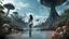 Placeholder: detailed matte painting of a wide-angle shot of a woman standing on the right-hand side of an alien beach, with dark hair in a silver robotic catsuit, many floating mushrooms with jellyfish tentacles, alien jungle trees in the distance, deep colour