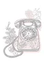 Placeholder: A delicate, floral-patterned phone with a curved receiver rests on a lace doily. A handwritten note with a heart drawn on it lies beside it. Style: Art Nouveau, Mood: Romantic, Lighting: Soft, diffused light with a warm pink hue, T-shirt design graphic, vector, contour, white background.