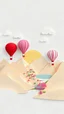 Placeholder: "Minimalist vector art of a vibrant paper-cut landscape: red, pink, and white hot air balloons over beige and cream mountains, pastel village and ship by a lake, pale yellow sun, fluffy stylized clouds. Simple geometric shapes, vivid detailed colors, ambient lighting, sharp edges, smooth surfaces, flat vector style on a clean white background, playful and cheerful mood."