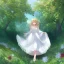 Placeholder: beautiful anime girl wearing a yellow and white dress ,standing in a meadow of flowers, spreading rose pedals on the ground. beautiful eyes and a stunning smile