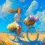 Placeholder: A girl is riding a bicycle on the beach. His cat is sitting in the front basket of the bicycle. Spring flowers can be seen everywhere. Beautiful blue sky with white clouds - kites in the sky. sense of peace. digital art, oil painting, 8k, full details, colorful, high resolution