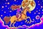 Placeholder: a long, brown-haired girl rides a horse dynamically across the night sky, leaping over a pile of different cookies. Shining moon, in starshine